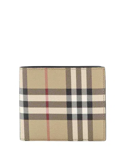 Burberry Caoted Canvas Wallet With Check Motif In Beige