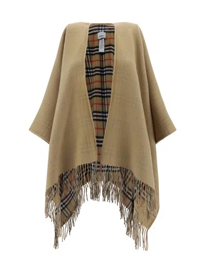 Burberry Beige Wool Cape With Check Pattern Women In Brown