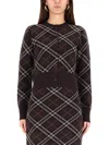 Burberry Long Sleeve Cardigan With Check Motif And Crewneck In Brown