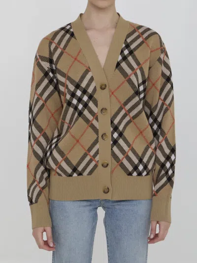 Burberry Cardigan In Check Wool In Beige