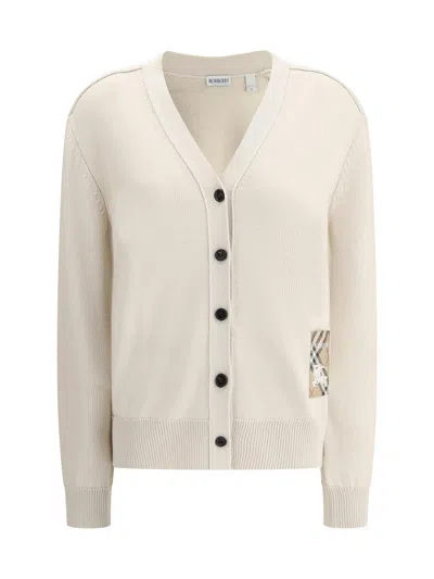 Burberry Wool Knit Logo Cardigan In Beige