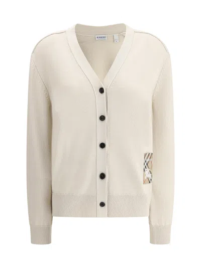 Burberry Wool Knit Logo Cardigan In Beige