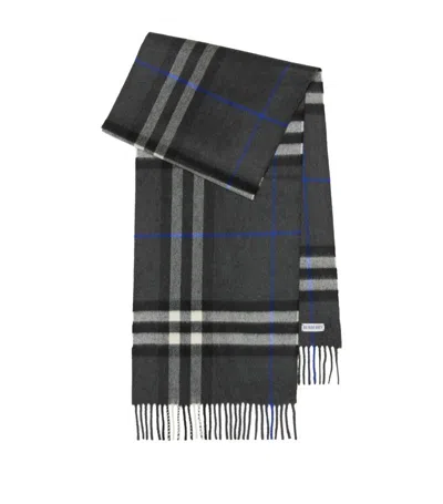 Burberry Cashmere Check Fringed Scarf In Dark Charcoal