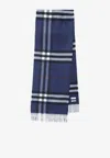 Burberry Cashmere Scarf Featuring Check Pattern And Fringe In Blue