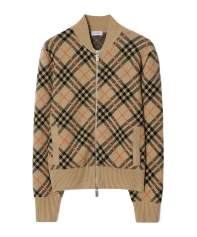 BURBERRY BURBERRY CHECKED KNITTED ZIP-UP BOMBER JACKET