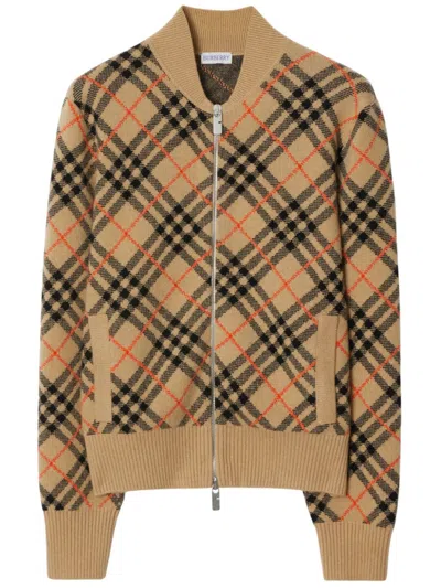 Burberry Cashmere Checkered Cardigan In Beige