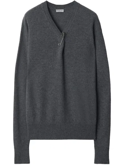 Burberry V-neck Cashmere Jumper In Gray