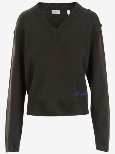 Burberry Green V-neck Sweater In Black