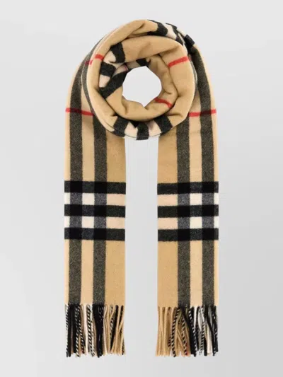 Burberry Cashmere Scarf Embroidered Check Fringe In Brown