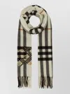 Burberry Cashmere Scarf Embroidered Check Pattern Fringe In White