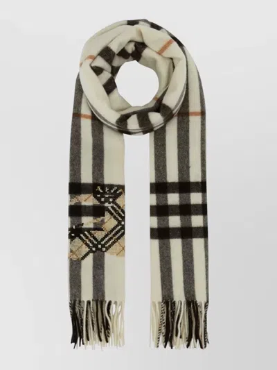 Burberry Cashmere Scarf Embroidered Check Pattern Fringe In White