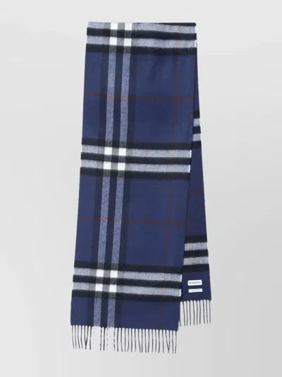 Burberry Cashmere Scarf Featuring Check Pattern And Fringe In Blue