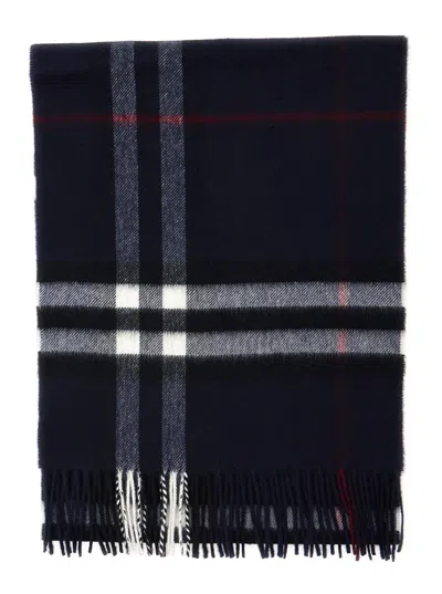 Burberry Cashmere Scarf With All-over Check Motif And Fringed Edges - 168 X 30 Cm In Blu