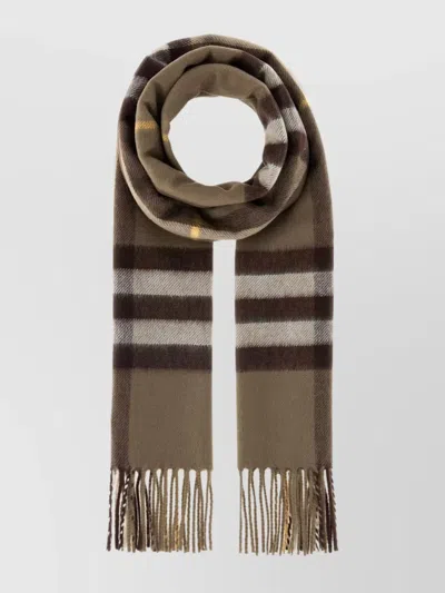 Burberry Cashmere Scarf With Checked Pattern And Fringe In Brown