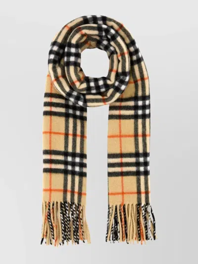Burberry Cashmere Scarf With Checked Pattern And Fringe Detailing In Beige