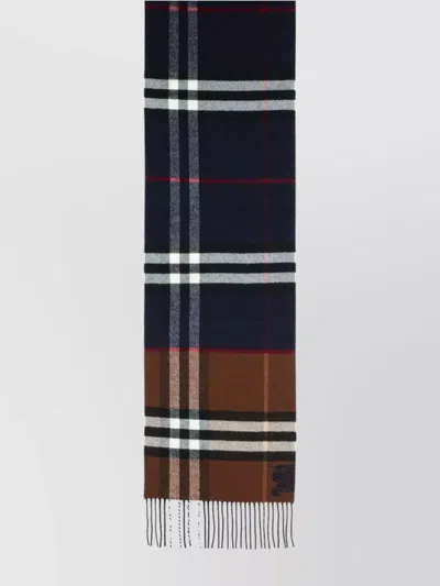 Burberry Cashmere Scarf With Checked Pattern And Fringed Edges In Blue
