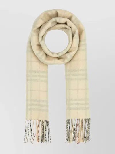 Burberry Cashmere Scarf With Embroidered Checkered Pattern And Fringed Edges