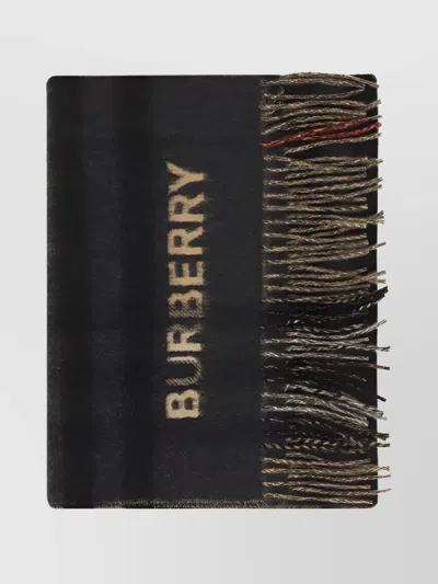 Burberry Cashmere Scarf With Frayed Hems And Repeated Check Pattern In Black