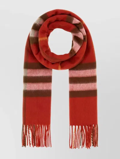 Burberry Cashmere Scarf With Fringed Edges And Stripes In Red