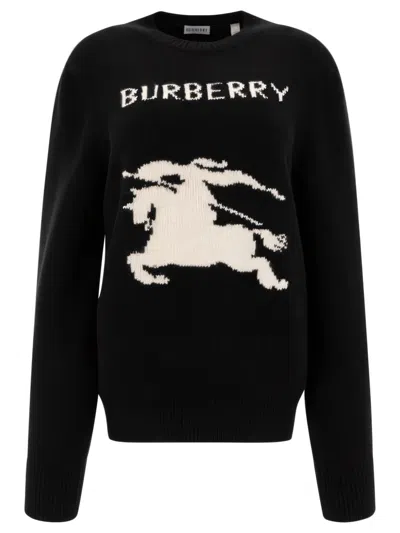 Burberry Cashmere Jumper With Bold Horse Graphic And Crew Neck In Black