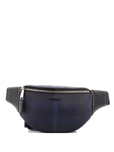 Pre-owned Burberry Cason Bum Bag House Check Canvas And Leather Mini Belt Bag In Blue