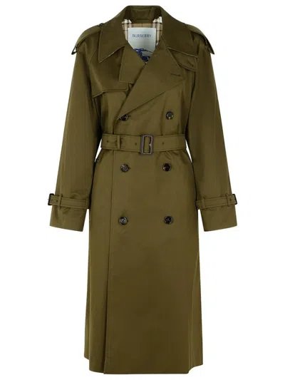 Burberry Belted Double-breasted Long Trench In Green