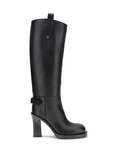 Burberry Buckled Leather Knee Boots In Black