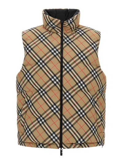 Burberry Beige Sleeveless Reversible Down Jacket With High Neck And All-over Check Motif In Tech Fabric Man In Neutral
