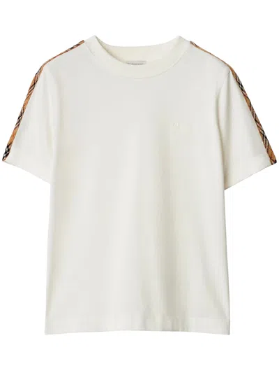 Burberry Chalk Jersey T Shirt With Check Tapes In White