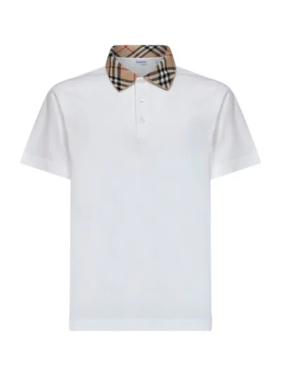 Burberry Chalk White Cotton Pique Polo Shirt With Check Collar