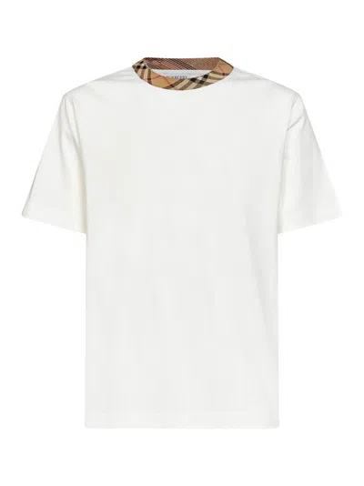 Burberry Chalk White Cotton T-shirt With Check Trim In Ivory