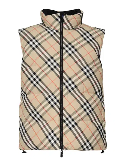 Burberry Plaid Padded Vest In Beige