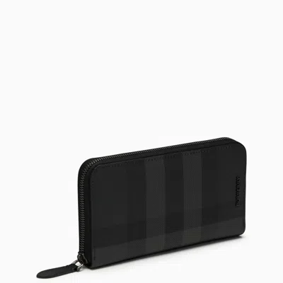 Burberry Charcoal Coloured Zip Around Wallet With Check Pattern In Black
