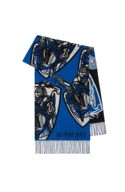 Burberry Charging Knight Wool Cashmere Scarf In Blue