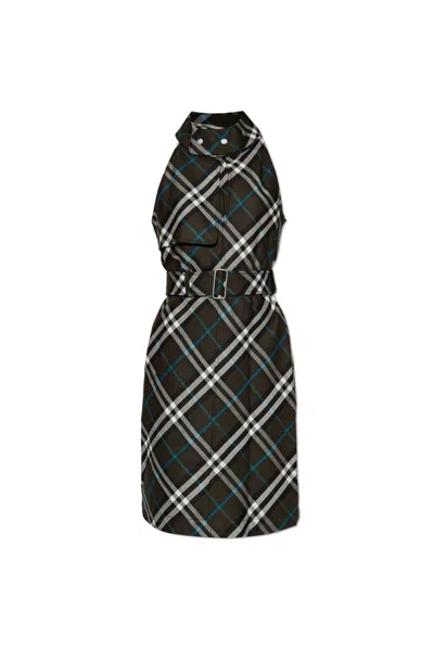 Burberry Chcked Belted Waist Sleeveless Dress In Multi