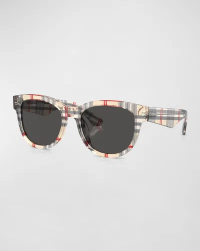 Burberry Check Acetate & Plastic Round Sunglasses In Rbbr Gnmtl
