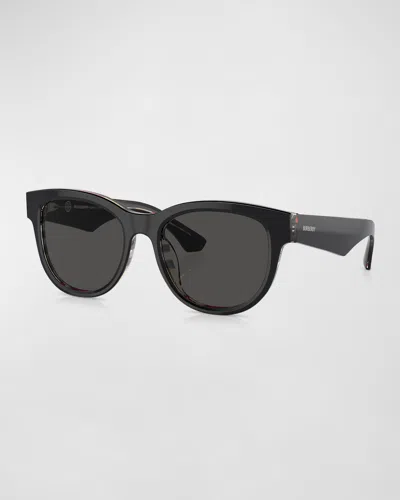 Burberry Check Acetate & Plastic Round Sunglasses In Black