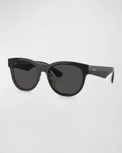 Burberry Check Acetate & Plastic Round Sunglasses In Shiny Black