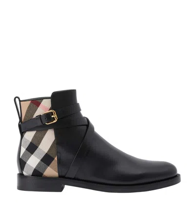 Burberry Check And Leather Ankle Boots In Black