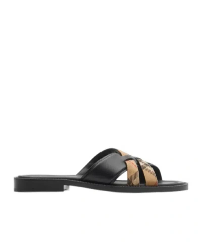 Burberry Check And Leather Drift Sandals In Black