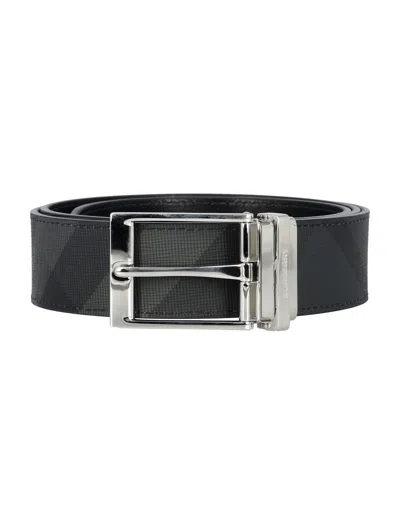 Burberry Check And Leather Reversible Belt In Charcoal/silver