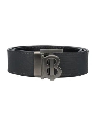 Burberry Check And Leather Reversible Tb Belt In Black