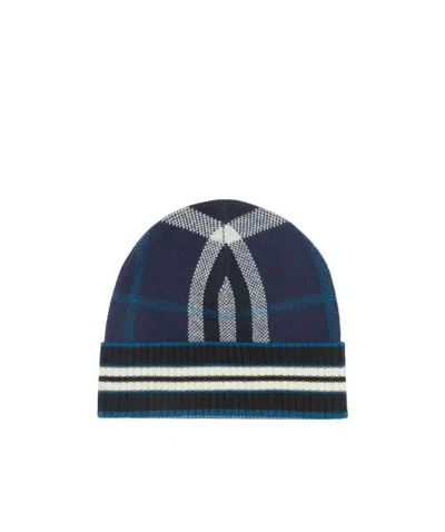 Burberry Check And Stripe Beanie In Blue