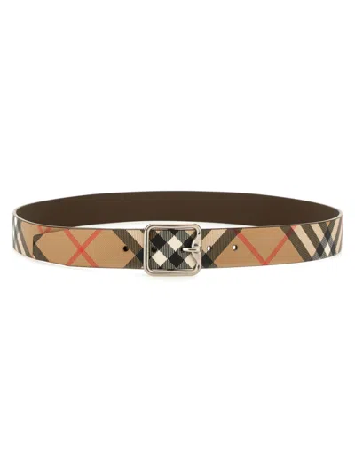 Burberry B Buckle Check Reversible Belt In Sandmilitarysilver