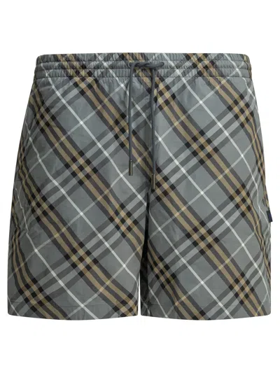 Burberry Check Pattern Beach Shorts Side Pockets In Gray