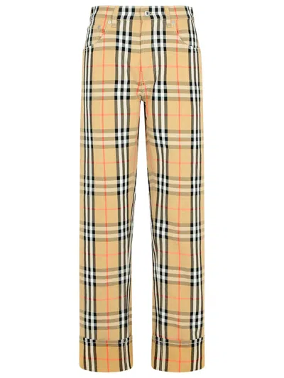 Burberry Men Beige Pants With Ekd Embroidery On The Rear And Check Motif All-over In Tech Fabric Man In Brown