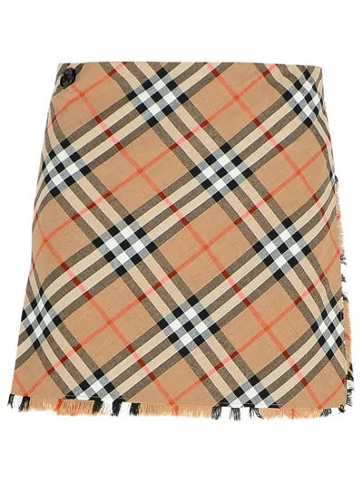 Burberry 'check' Beige Wool Blend Miniskirt Women In Multi