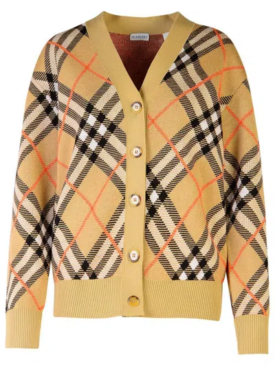 Burberry 'check' Beige Wool Cardigan Women In Cream