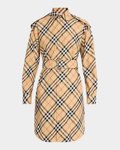 BURBERRY CHECK BELTED LONG-SLEEVE SHIRTDRESS
