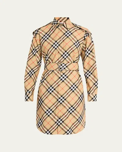 BURBERRY CHECK BELTED LONG-SLEEVE SHIRTDRESS